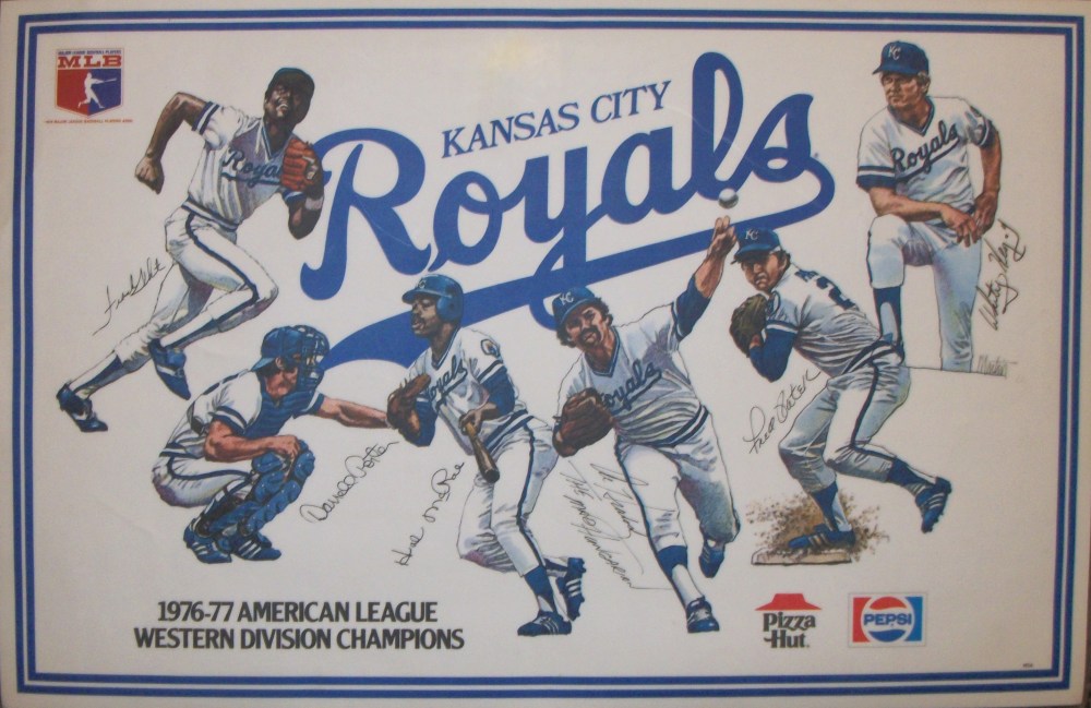 Kansas City Royals placemat: left to right: Frank White, Darrell Porter, Hal McRae, Al Hrabosky, Fred Patek, Whitey Herzog. All drawings by John Boyd Martin.