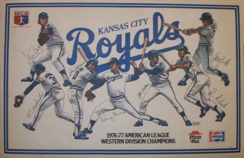 Kansas City Royals placemat: left to right: Steve Busby, UL Washington, Joe LaHoud, Larry Gura, John Wathan, Pete LaCock, George Brett