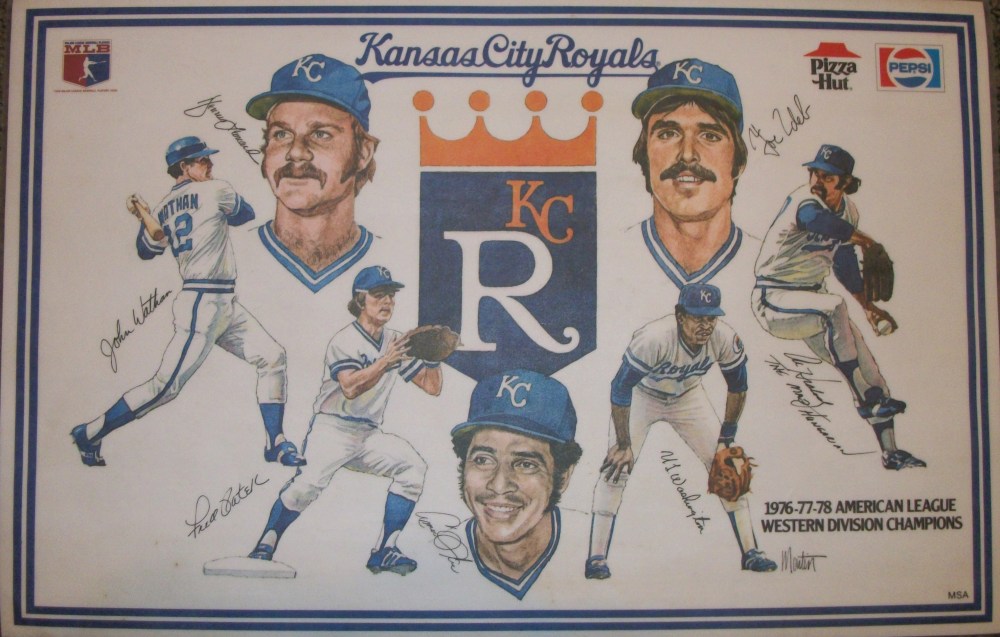 Kansas City Royals placemat; left to right; John Wathan, Dennis Leonard, Fred Patek, Amos Otis, UL Washington, Joe Zdeb, Al Hrabosky