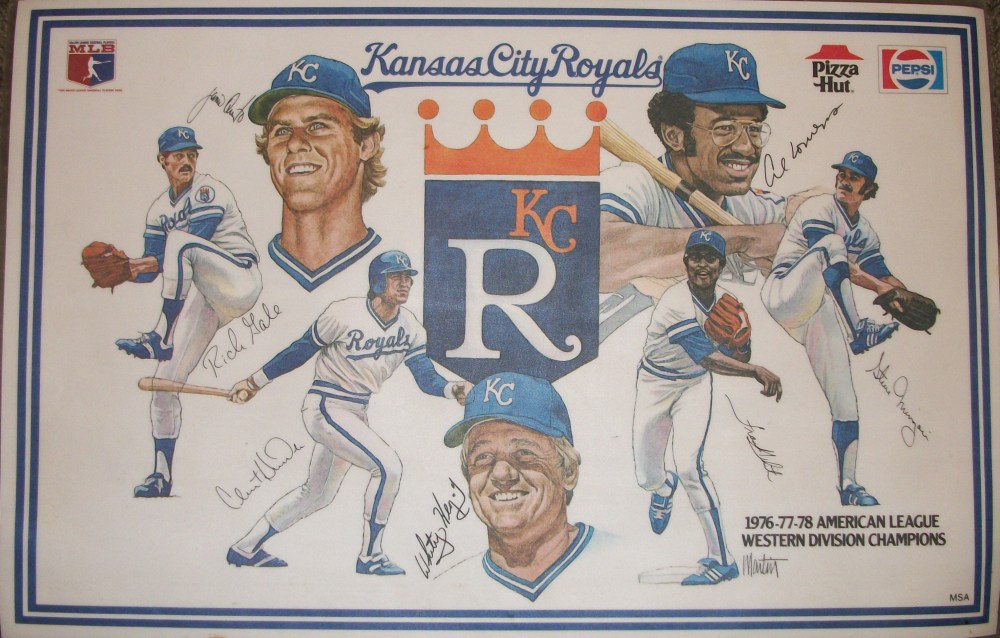 Kansas City Royals placemat; left to right; Rich Gale, Jamie Quirk, Clint Hurdle, Whitey Herzog, Frank White, Al Cowens, Steve Mingori