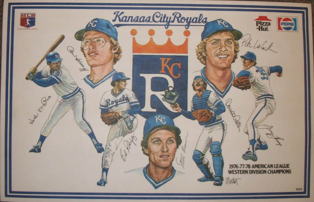 Kansas City Royals placemats; left to right; Hal McRae, Paul Splittorff, Ed Rodriguez, Steve Braun, Darrell Porter, Pete LaCock, George Thorp