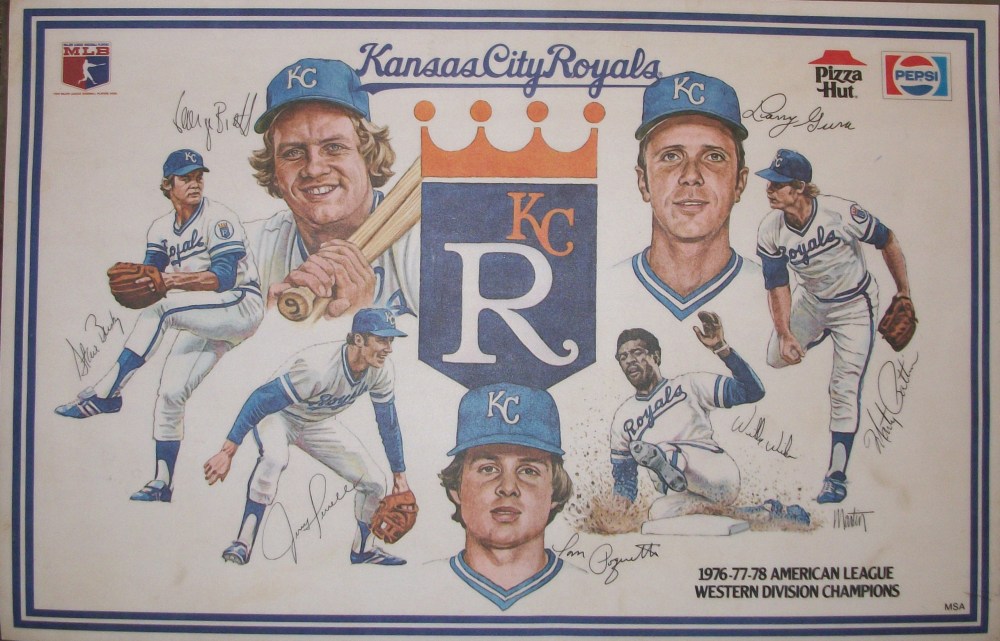Kansas City Royals placemats; left to right; Steve Busby, George Brett, Jerry Terrell, Tom Poquette, Willie Wilson, Larry Gura, Marty Pattin